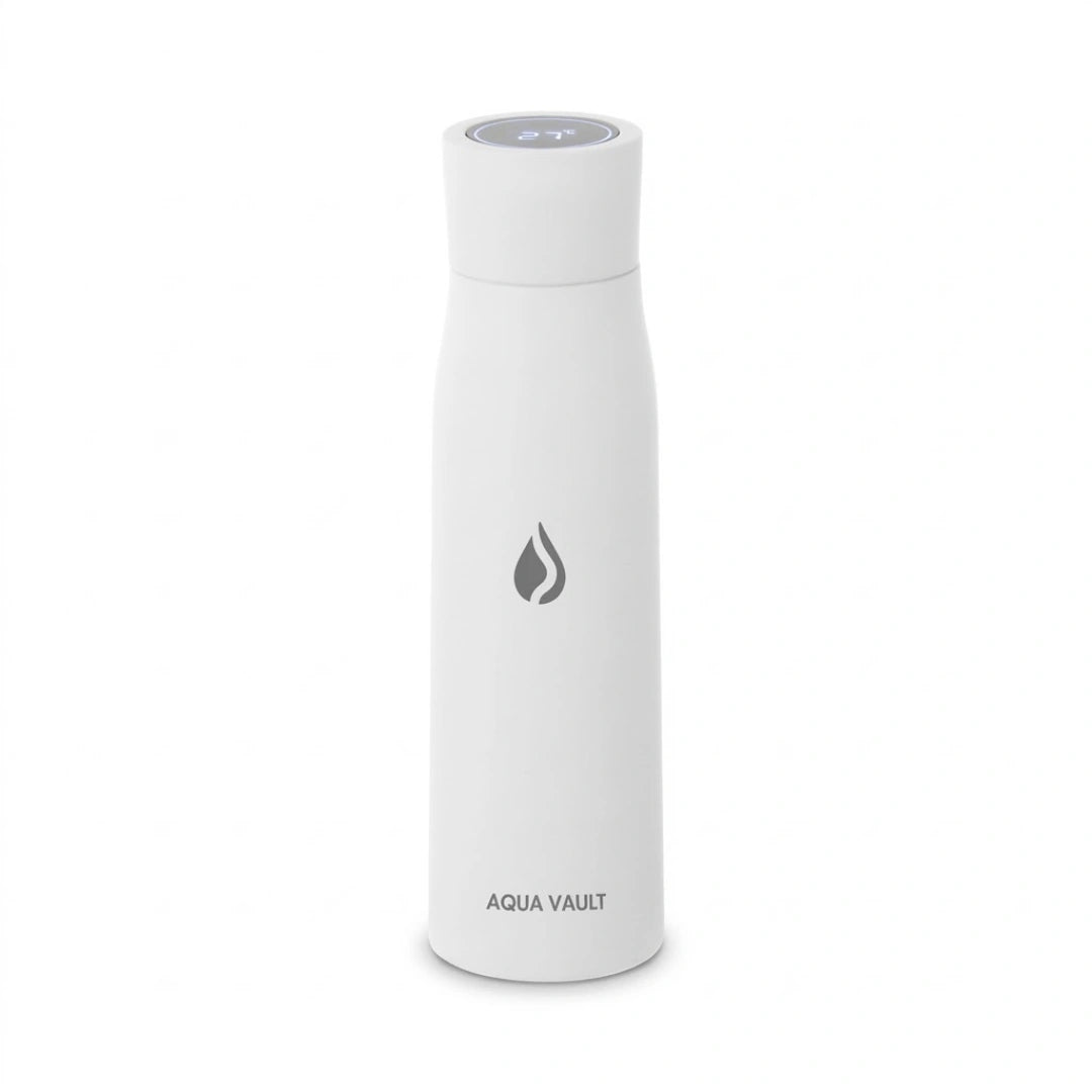White AQUA VAULT PureX UV-C Self-Cleaning Premium Smart Water Bottle on a white background