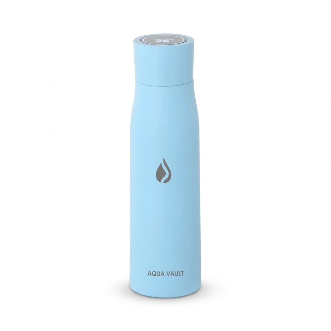 Blue AQUA VAULT PureX UV-C Self-Cleaning Premium Smart Water Bottle on a white background