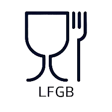 Icon of a wine glass and fork with 'LFGB' below on a white background
