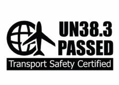 UN38.3 Passed Transport Safety Certified logo with airplane and globe icon.