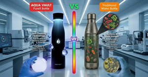 Comparison between AQUA VAULT PureX UV-C Self-Cleaning Premium Smart Water Bottle and traditional water bottle with visual and text elements.