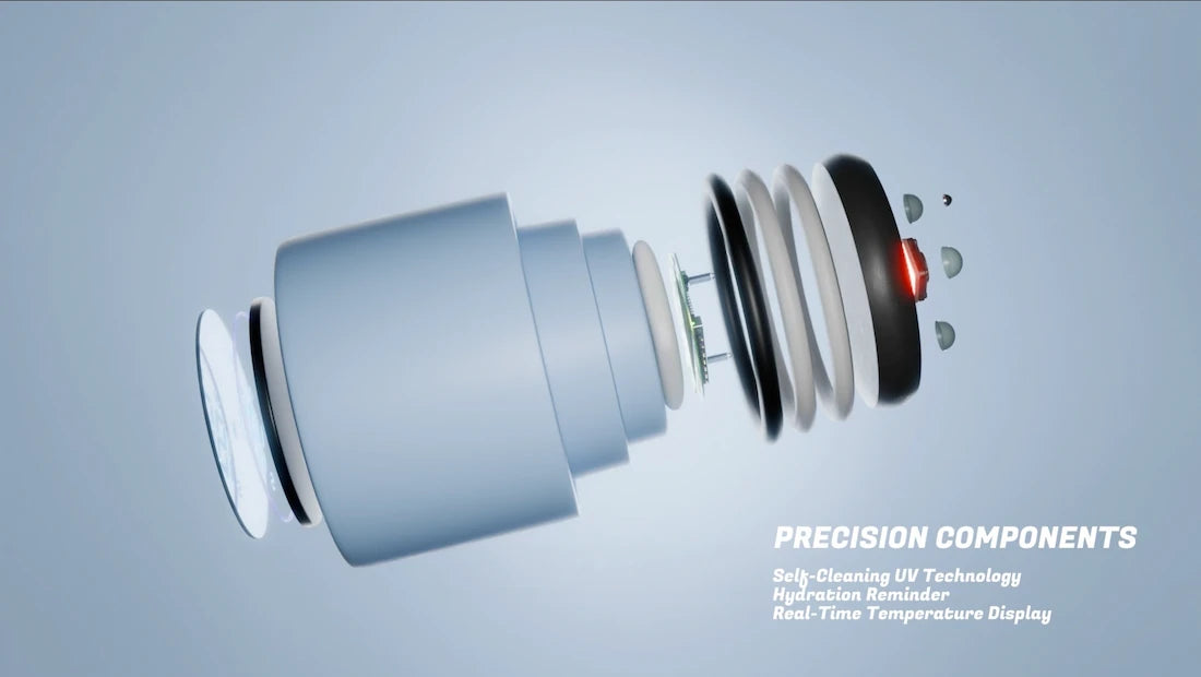 Technical diagram of AQUA VAULT PureX UV-C Self-Cleaning Smart Water Bottle Engineering on a light blue background in Landscape.