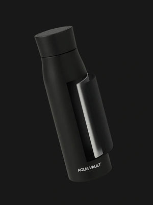 Black AQUA VAULT PureX UV-C Self-Cleaning Premium Smart Water Bottle with 'AQUA VAULT' branding on a black background