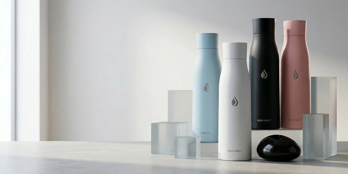 Four AQUA VAULT PureX UV-C Self-Cleaning Smart Water Bottles on a light gray background