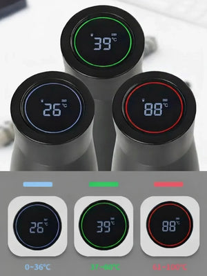 AQUA VAULT PureX Water Bottle digital temperature displays on a white background with color-coded temperature ranges.