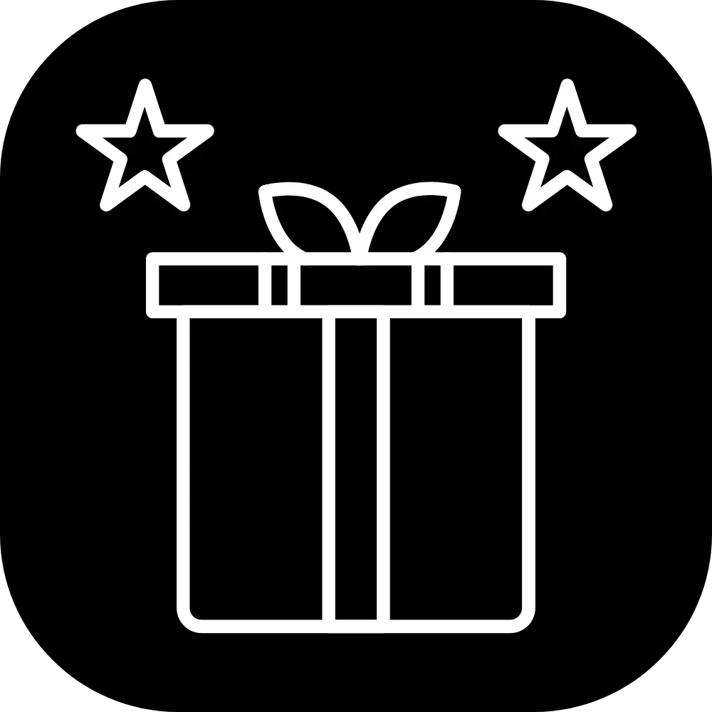 AQUA VAULT Reward Gift Image - White outline of a gift box with stars on a black background