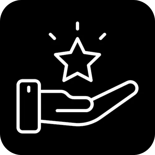 White outline of a hand holding a star on a black background