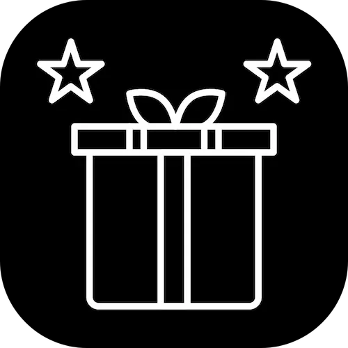 White outline of a gift box with stars on a black background