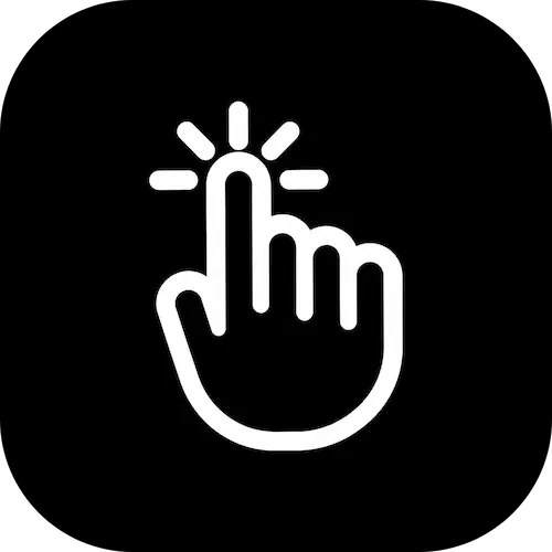 White hand icon with a pointing finger on a black background