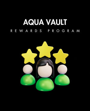 Best Reward Program in India - AQUA VAULT Rewards Program with cartoon characters and stars on a black background.