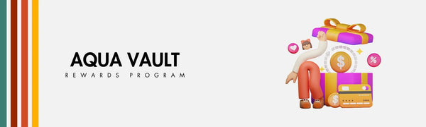 Aqua Vault rewards program banner with a character and gift boxes on a white background