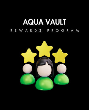 AQUA VAULT Rewards Program with cartoon characters and stars on a black background