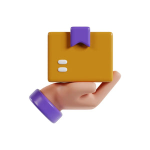 Hand holding a small square object with a purple top and base on a white background