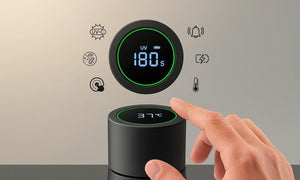 AQUA VAULT PureX Cap with digital display and icons, touched by a hand on a neutral background