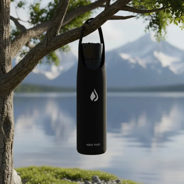 AQUA VAULT PureX Black Water Bottle with carrying case hanging from a tree by a lake with mountains in the background