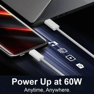 Smartphone and tablet being charged with AQUA VAULT USB-C Charging Cable 1m White Colored with text 'Power Up at 60W Anytime, Anywhere.