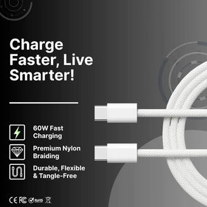 AQUA VAULT white charging cable with text highlighting features on a dark background
