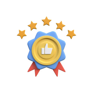 Colorful badge with a thumbs up icon and stars on a white background