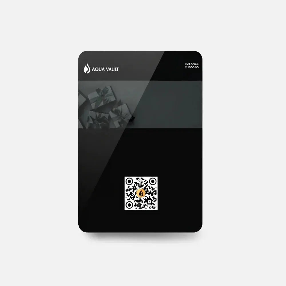 AquaVault digital gift card with QR code, black design, and silver gift box pattern.