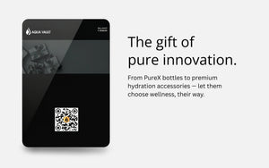 Black rectangular product with Aqua Vault branding on a white background, featuring text about PureX bottles and hydration accessories.