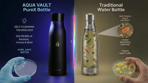 Comparison of AQUA VAULT PureX Bottle with traditional water bottle on a blue and beige background.