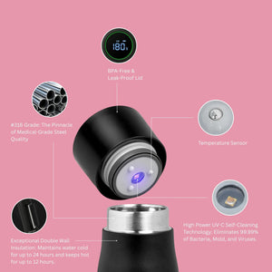 Shadow Black AQUA VAULT PureX Self-cleaning Smart Water Bottle with digital display on a pink background, featuring text about its features.