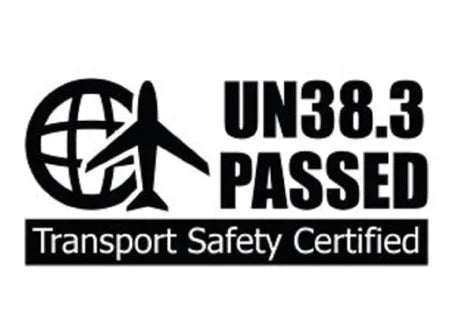 UN38.3 Passed Transport Safety Certified logo with airplane and globe icon.