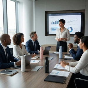Business meeting in modern conference room with seven professionals in formal attire, AQUA VAULT PureX Bottles on table, and digital screen displaying charts and graphs.